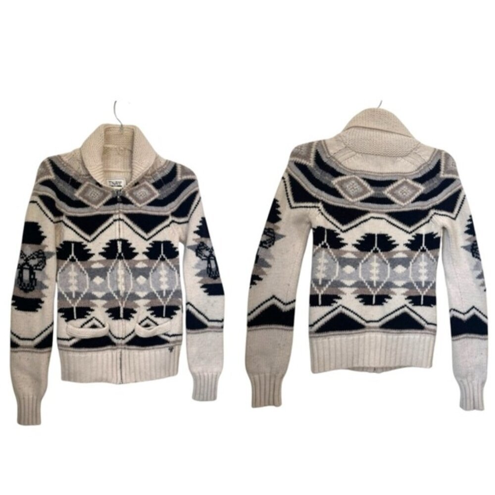 Aritzia TNA Wool SkyToSea Cowichan Zip Cardigan Knit Lambswool Sweater Pockets S